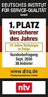 Rating Deutsches Institut f&uuml;r Servicequalit&auml;t (ntv) zum Versicherer des Jahres, Testsieger 14 Jahre in Folge - M&uuml;nchener Verein