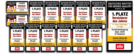 Rating Deutsches Institut für Servicequalität (ntv) zum Versicherer des Jahres, Collage Testsieger 13 Jahre in Folge - Münchener Verein