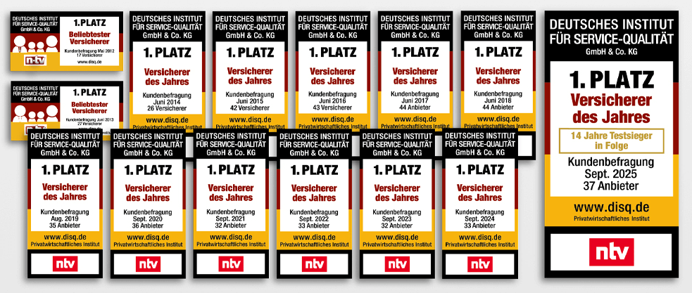 Rating Deutsches Institut für Servicequalität (ntv) zum Versicherer des Jahres, Collage Testsieger 13 Jahre in Folge - Münchener Verein