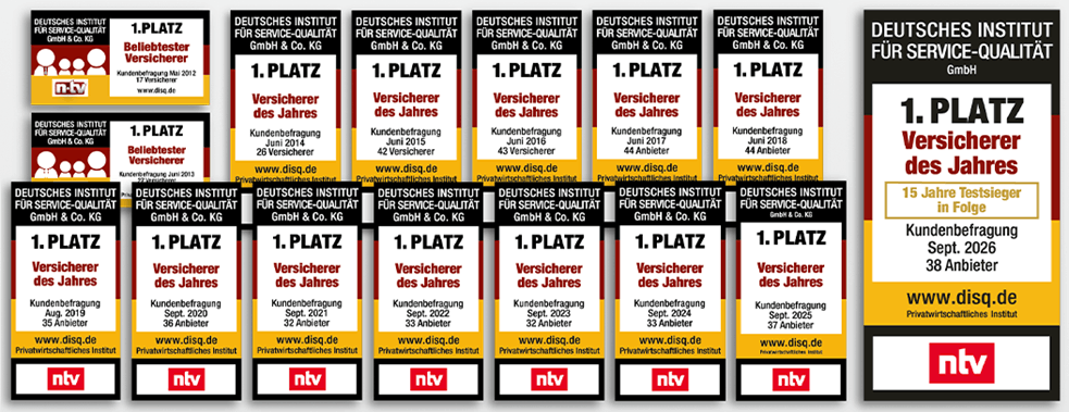 Rating Deutsches Institut f&uuml;r Servicequalit&auml;t (ntv) zum Versicherer des Jahres, Collage Testsieger 14 Jahre in Folge - M&uuml;nchener Verein